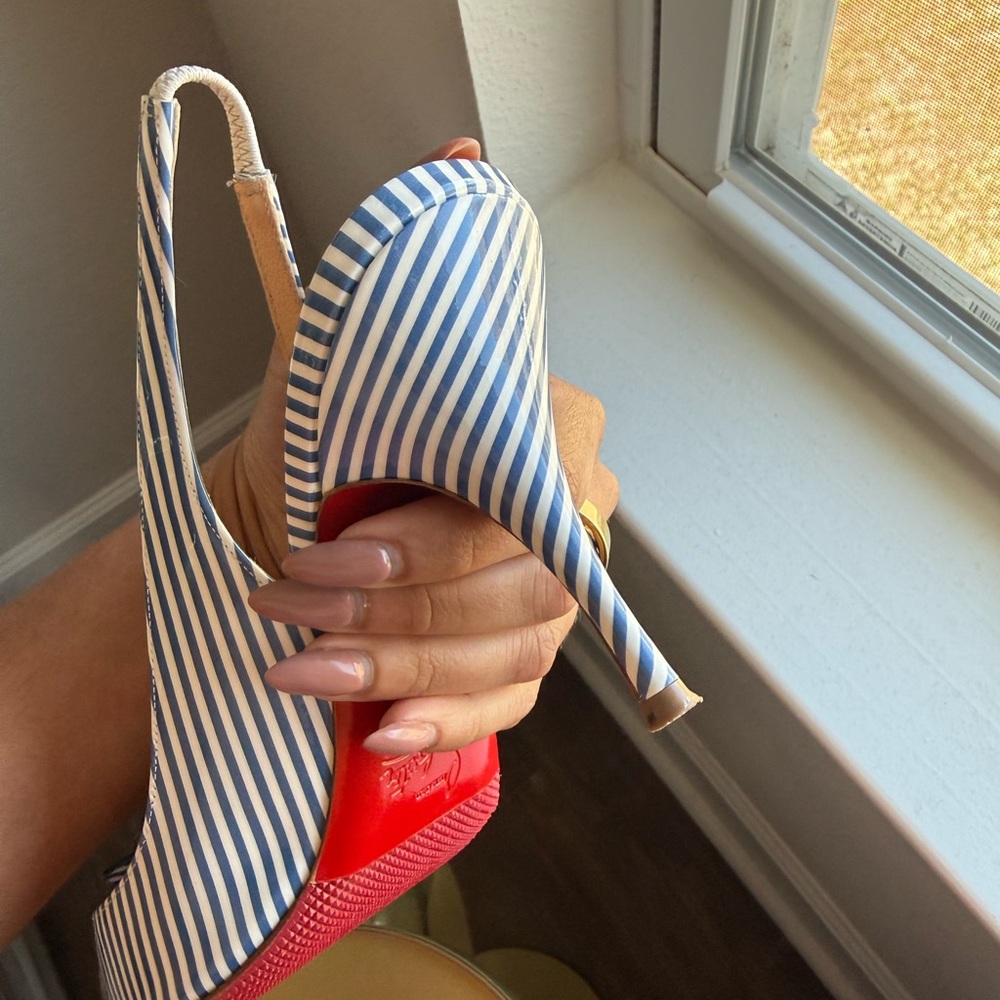 Christian Louboutin Blue/White Striped Bow Slingback Heels AUTHENTIC sz 37 (6/7) - Picture 7 of 11